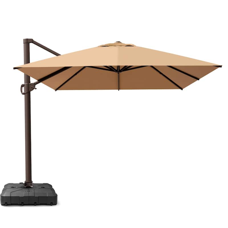 10 x 13 FT Outdoor Shade Canopy Patio Cantilever Offset Umbrella with Base - Tan - Base with 8 wheels