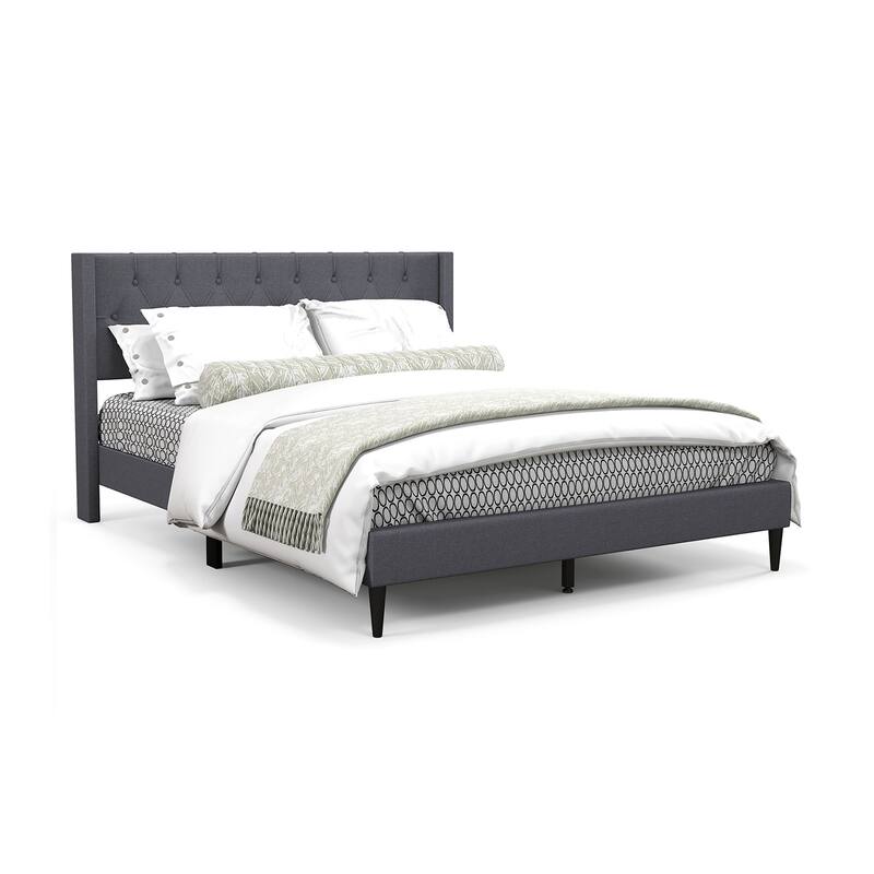 Upholstered Platform Bed with Button Tufted Wingback Headboard