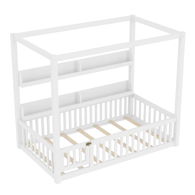 Twin Size Canopy Bed with Guardrails, Solid Wood Floor Bed with Shelves, Montessori Floor Bed Frame, No Spring Box Needed