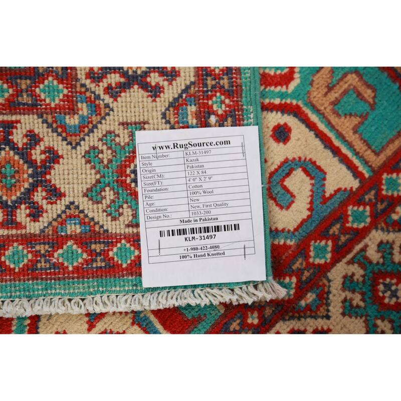 Turquoise / Green Kazak Foyer Rug Geometric Handmade Wool Carpet - 2'9"x 4'0"