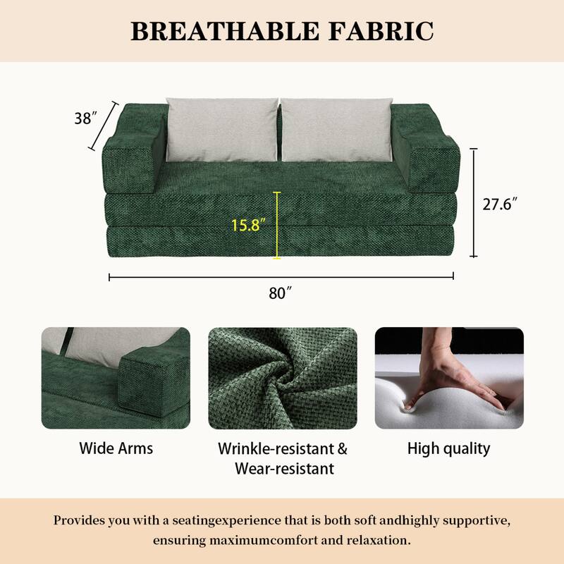 80" Convertible Sofa Bed with 2 Pillows, 2-Seat Folding Floor Couch, Multifunctional Chenille Loveseat Living Room Sleeper Sofa