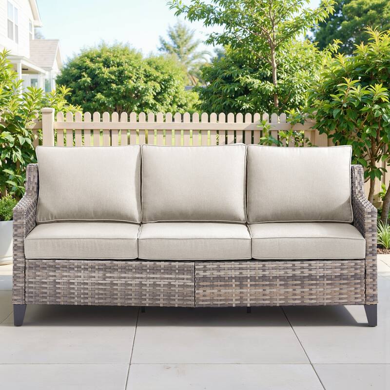 Pocassy Outdoor All-Weather Outdoor Sofa, Swivel Chair, Ottoman Sets - Grey Wicker Beige Cushion - Only Sofa