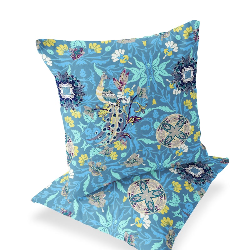 HomeRoots Set of Two 16" X 16" Blue and Green Peacock Blown Seam Eclectic Indoor Outdoor Throw Pillow - 16.00' X '16.00' X '5.00