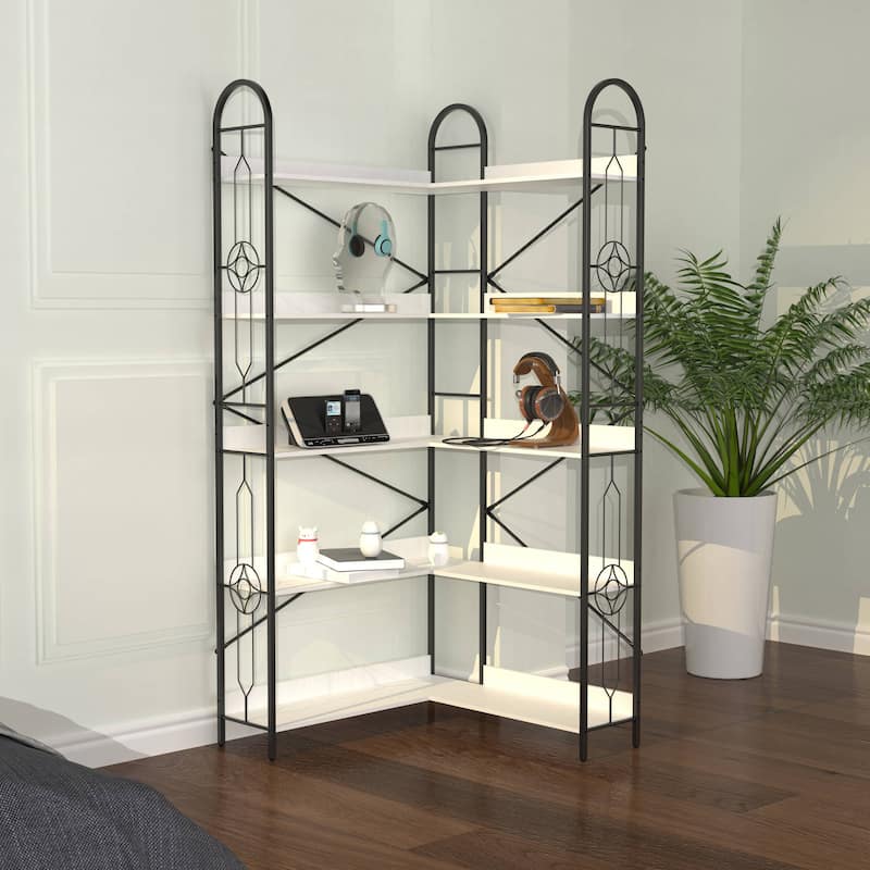 5 Tier Bookshelf, Industrial Style Corner Bookshelf, - Black/White