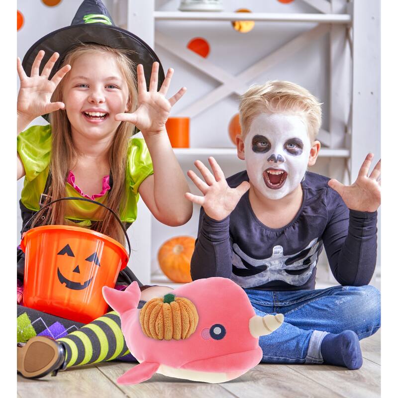 DolliBu Baby Soft Pink Narwhal Stuffed Animal with Pumpkin Decor - 21 inches