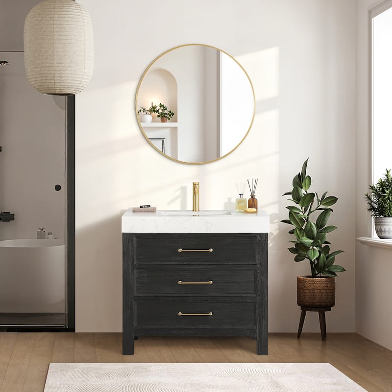 Leon 36 in. Single Bathroom Vanity with Composite Stone Top - 36 in. - Black - With Mirror