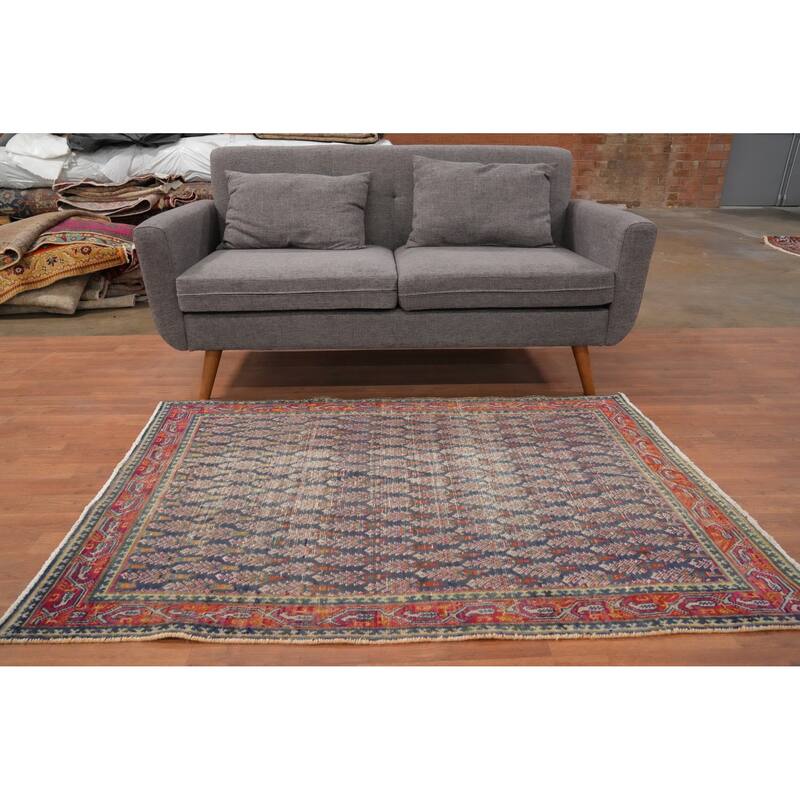 Hand Knotted Oriental 100% Wool Carpet Traditional All-Over Navy Blue & Blues Tabriz Area Rug - 5' 3'' X 3' 8''