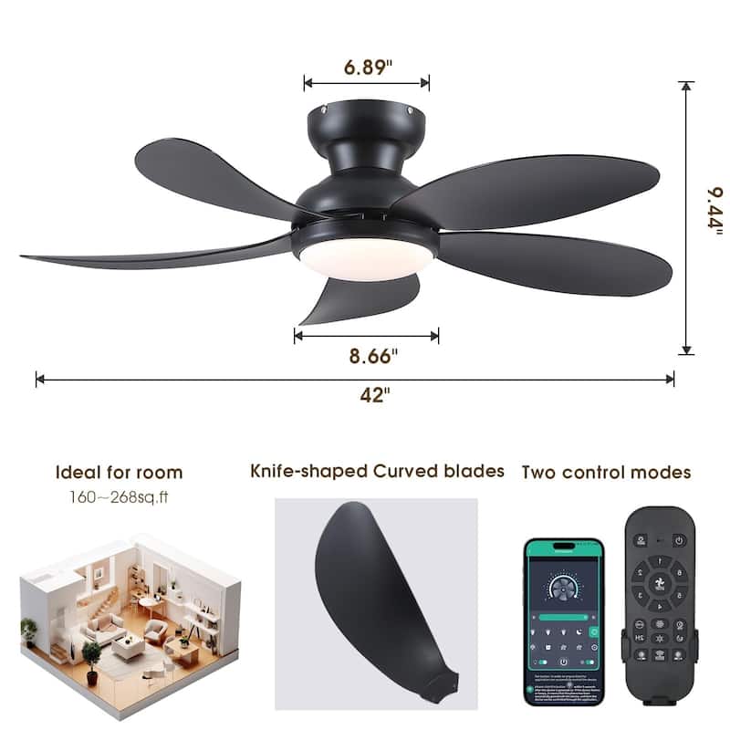 52" Low Profile Modern Ceiling Fan with Light,5 ABS Blades,