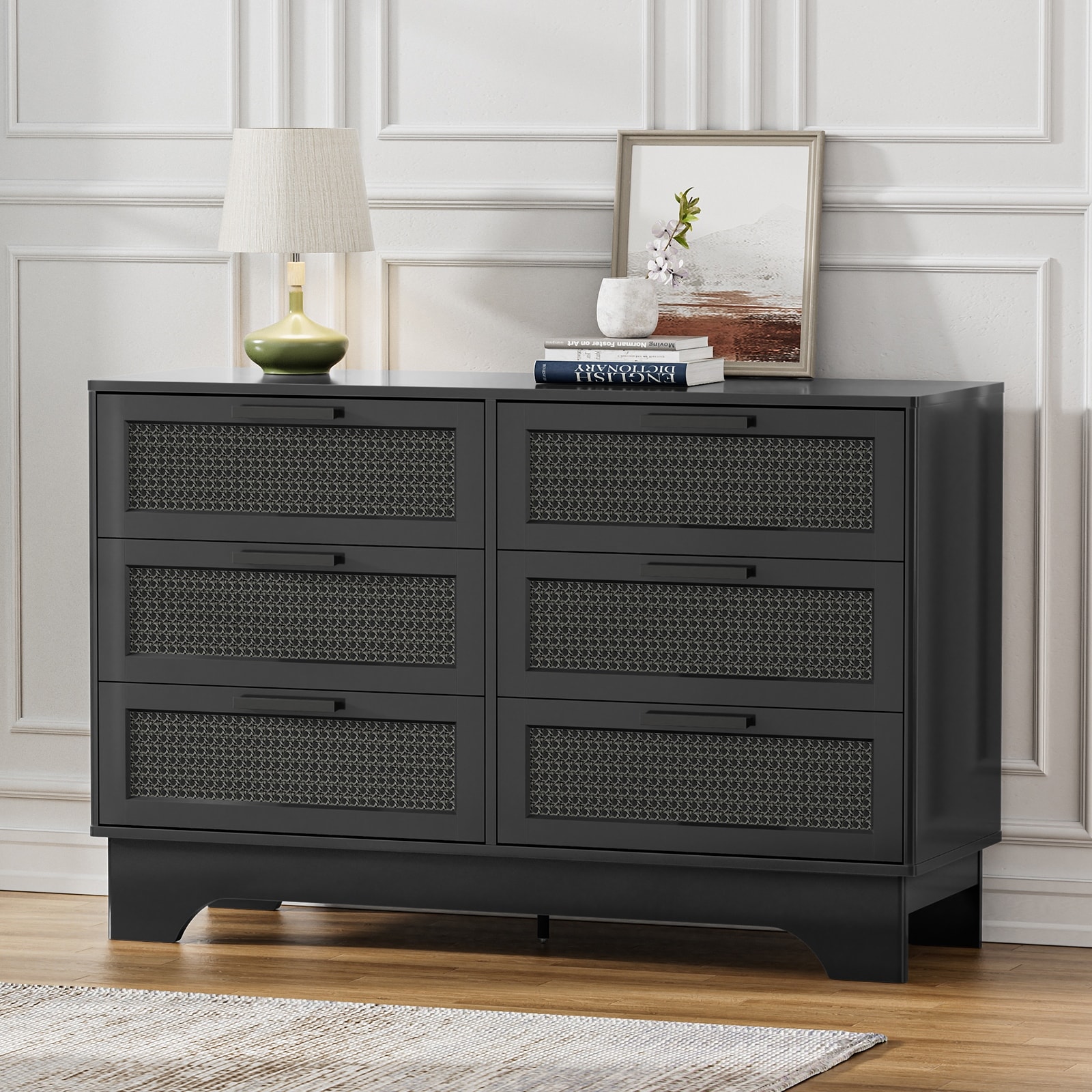 Anmytek Modern Black 6 Drawer Double Dresser for Bedroom Wood Rattan Chest of Drawers 6 Drawer