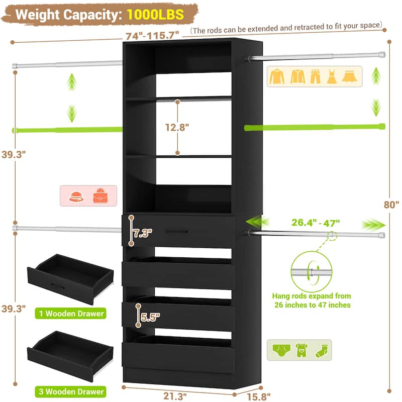Modular Closet System Wardrobe Organizer 4 Adjustable Hanging Rods + 4 Wooden Drawers, Space-Saving for 4-9Ft Closets