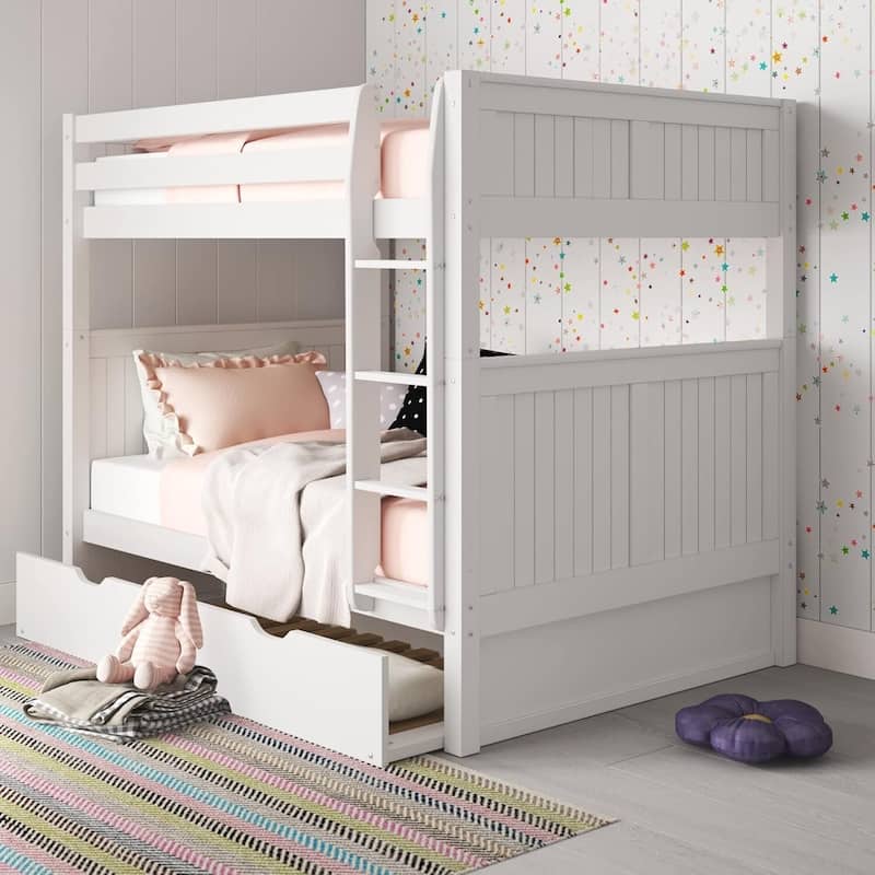 Full Over Full Bunk Bed with Trundle - Solid Wood - Grey Finish - Space Saving Kids Bed