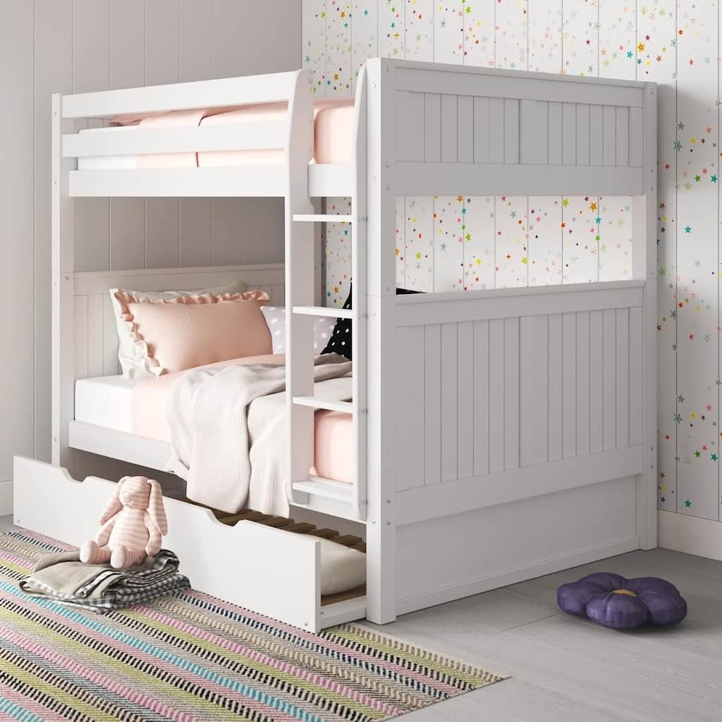 Full Over Full Bunk Bed with Trundle - Solid Wood - Grey Finish - Space Saving Kids Bed