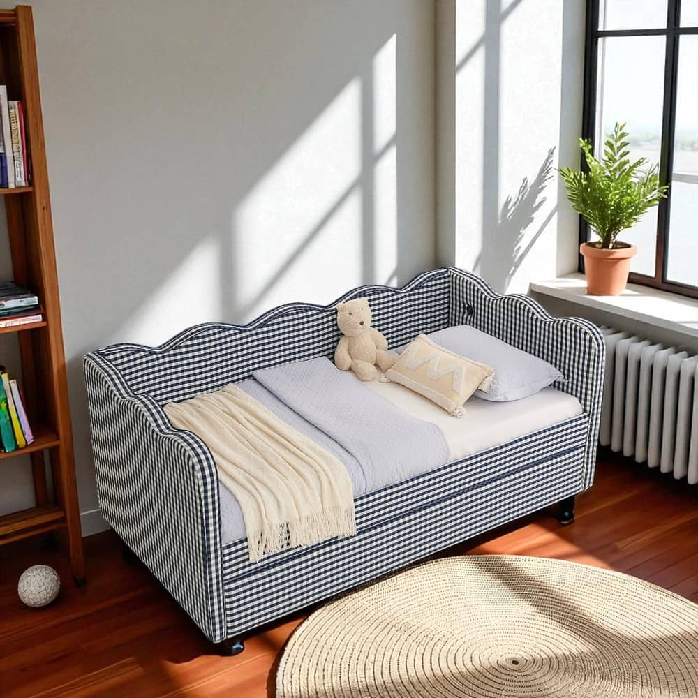 Twin Size Gingham Daybed with Trundle, USB Port, Wave Design, No Box Spring Needed, Linen Upholstered Sofa Bed
