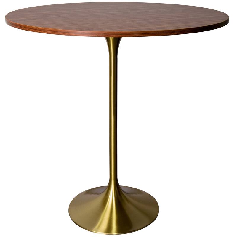 LeisureMod Verve 36" Round Dining Table with MDF Wood TableTop and Brushed Gold Base for Kitchen & Dining Room - Cognac Brown