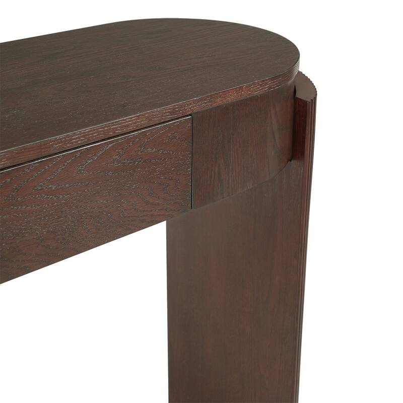 Modern Console Table with 2 Drawers and Oval Top, Entryway Table Sofa Table with Fluted Design and Natural Wood Grain Finish