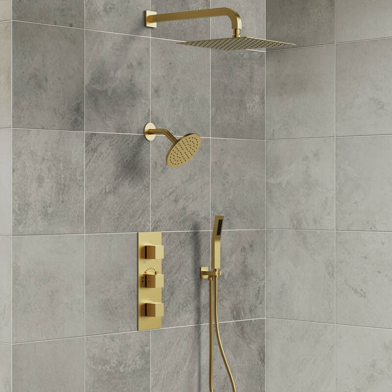 Thermostatic Shower System 12" Dual Heads Shower Faucet with High Pressure Handheld Spray - Brushed Gold