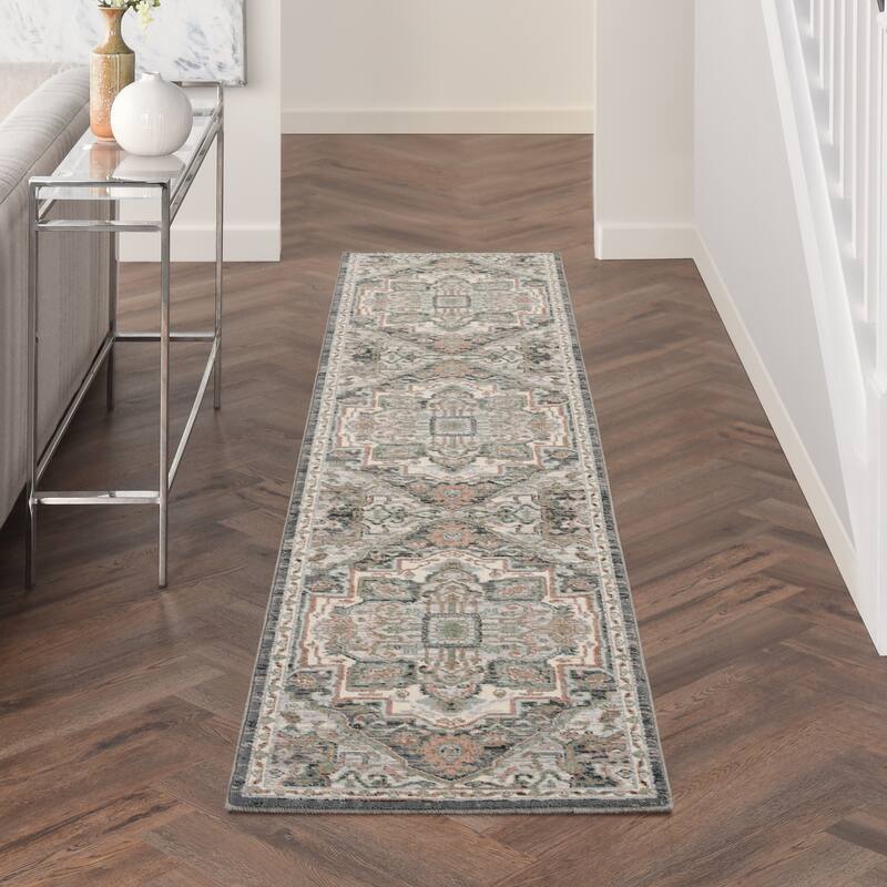 Nourison Parisa Traditional Persian Medallion Bordered Area Rug - 2' 3" x 10' - Grey Sage - Runner