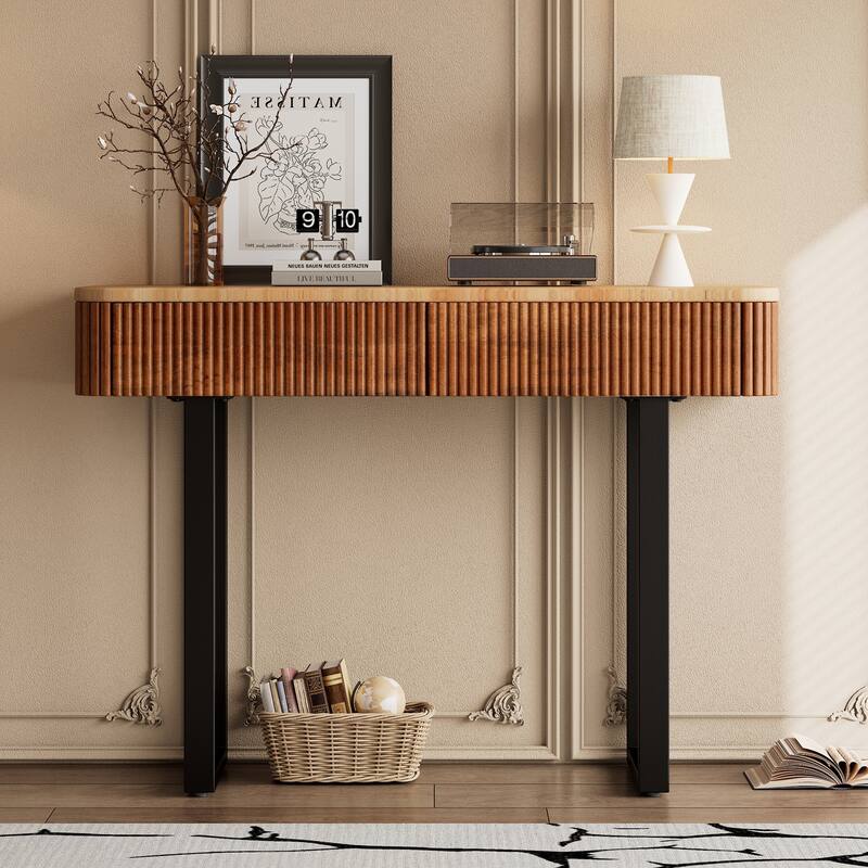 Solid Wood Entryway Table, Narrow Sofa Table with Storage Drawers & Metal Legs, with Fluted Hallway Tables Console Table Natural
