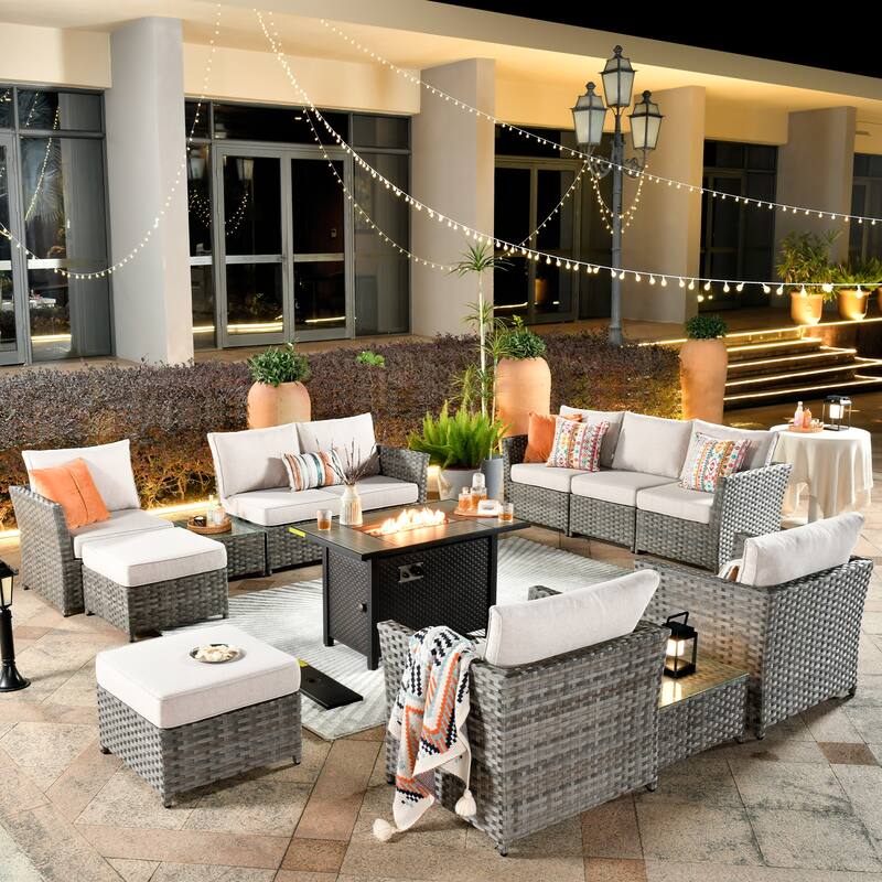HOOOWOOO 13-piece Wicker Rattan Patio Sectional Conversation Set with Fire Pit - Beige