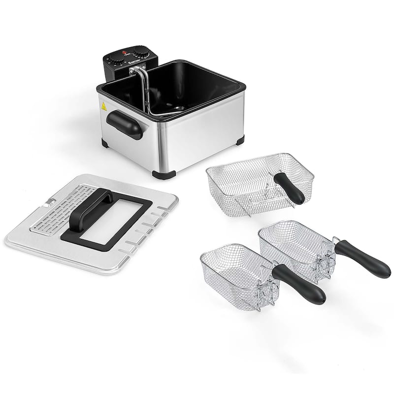 Electric Fryer 5.3 QT/21-Cup Stainless Steel 1700W w/ Triple Basket - Black+Silver