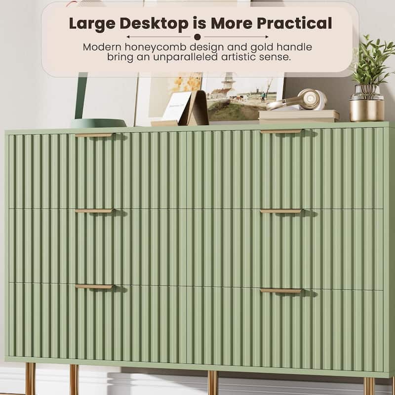 Fluted 6 Drawer Dresser, Modern Wide Chest with Deep Drawers, Wooden Storage Organizer for Living Room, Hallway