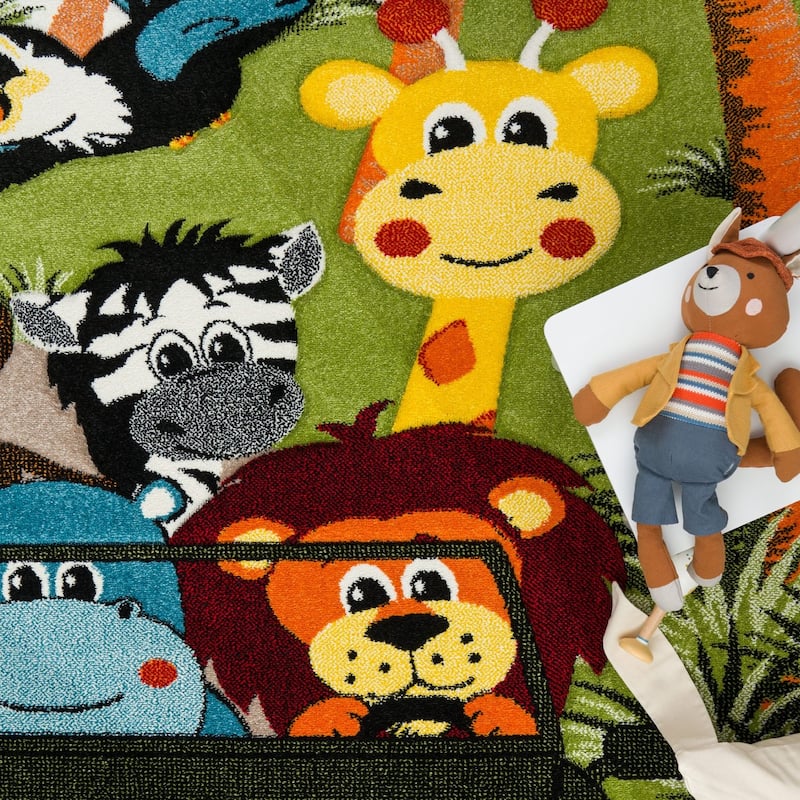 Kids Rug Jungle Safari Motif with Lion Hippo Monkey and Giraffe