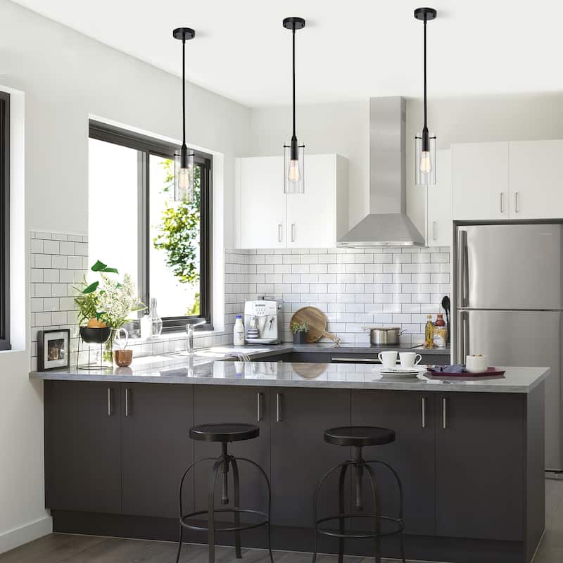 Naima Matte Black 1-Light Metal & Cylinder Glass Shade Pendant Light