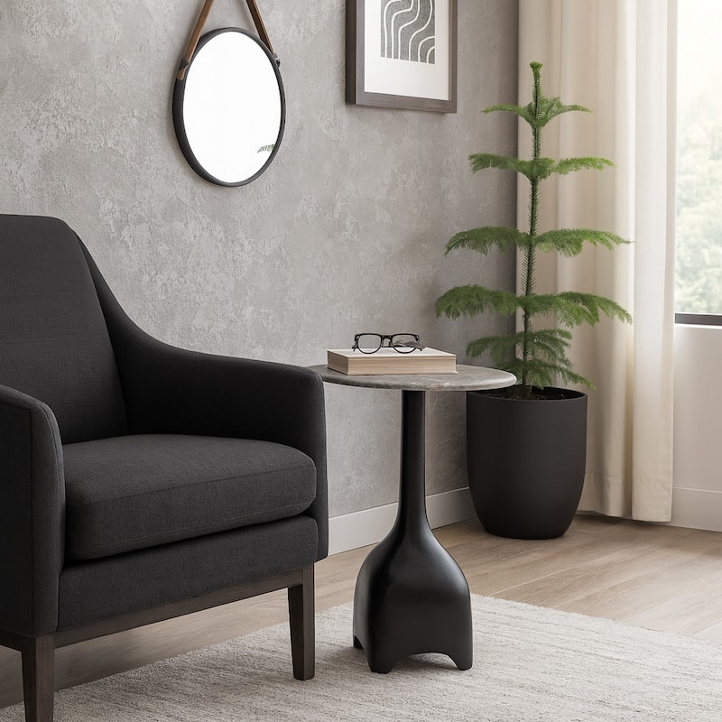 Curved Marble Top with Metal Base End Table - Black, 21 in. - Beige - 21.5"