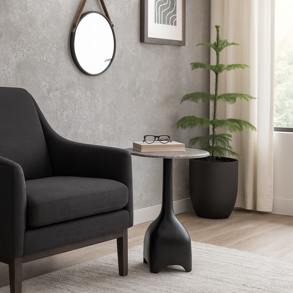 Curved Marble Top with Metal Base End Table - Black, 21 in.