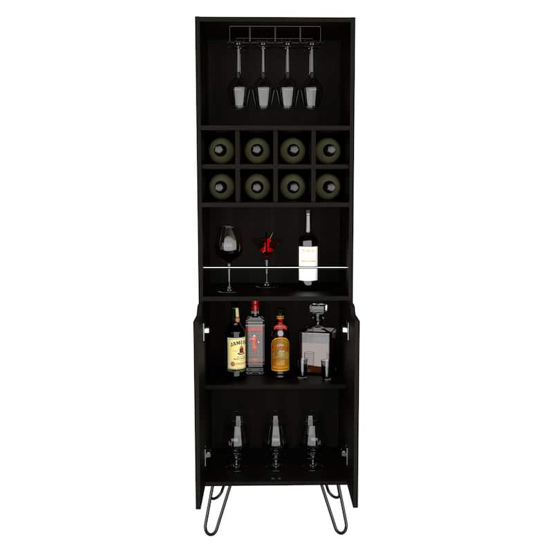 FM Furniture Sheffield H Bar Cabinet with Glass Rack, Open Shelf, Double Cabinet, 8 Bottle Cubbies, and Hairpin Legs