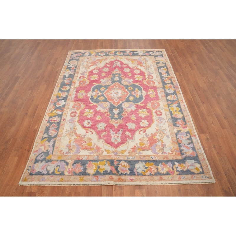 Hand Knotted Oriental 100% Wool Carpet Transitional Floral Pink Oushak Area Rug - 6' 10'' X 5' 0''