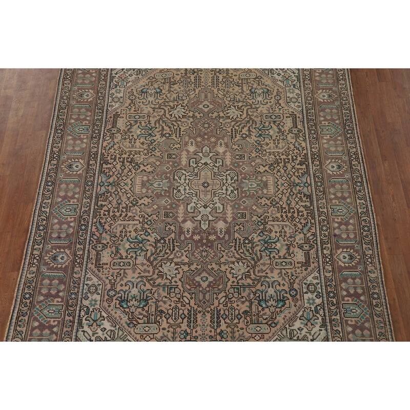 Geometric Tabriz Vintage Persian Area Rug Handmade Peach Wool Carpet - 6'5" x 9'5"