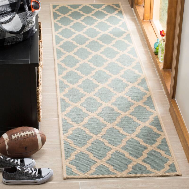 SAFAVIEH Linden Shirleyann Trellis Indoor/ Outdoor Patio Backyard Rug - 2'2" x 8' Runner - Aqua/Cream