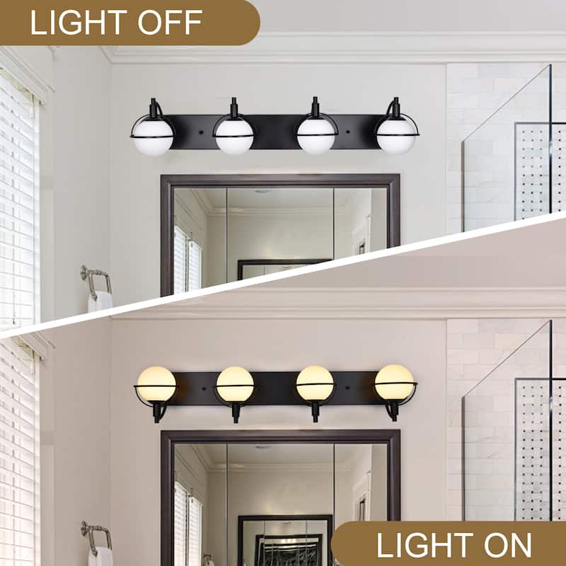 3 - Light Modern Wall Sconce, Black Metal with White Globe Glass Shades