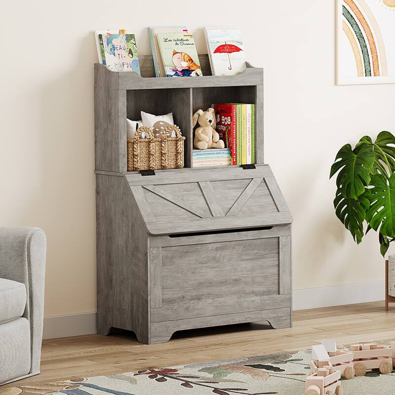 Kids Bookshelf, Toy Storage Organizer with Flip-Top Lid and Cubby
