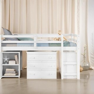 Low Study Full Loft Bed with Cabinet Shelves and Rolling Desk - Gray