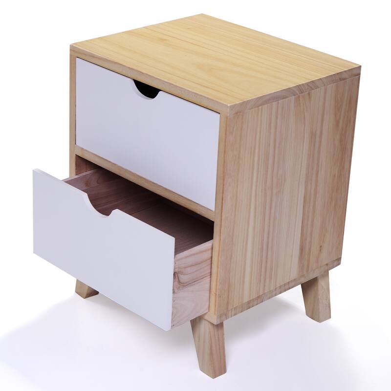 Burlywood/White Wooden Nightstand with 2-Drawers and Tall Legs(Set of 2)
