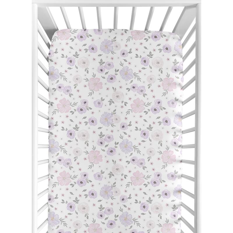 Floral Collection Girl Jersey Knit Fitted Crib Sheet - Lavender Purple, Pink and Grey Boho Shabby Chic Rose Watercolor Flower