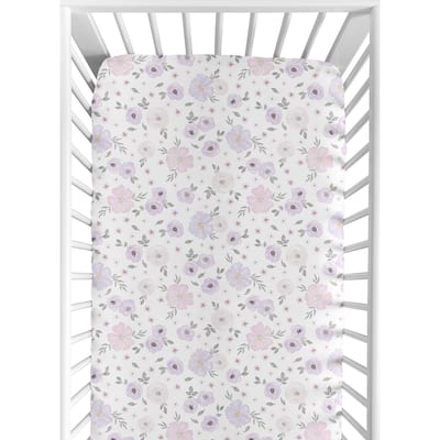 Floral Collection Girl Jersey Knit Fitted Crib Sheet - Lavender Purple, Pink and Grey Boho Shabby Chic Rose Watercolor Flower