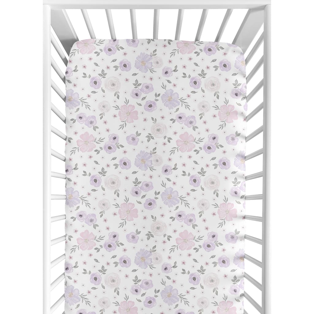 Floral Collection Girl Jersey Knit Fitted Crib Sheet - Lavender Purple, Pink and Grey Boho Shabby Chic Rose Watercolor Flower