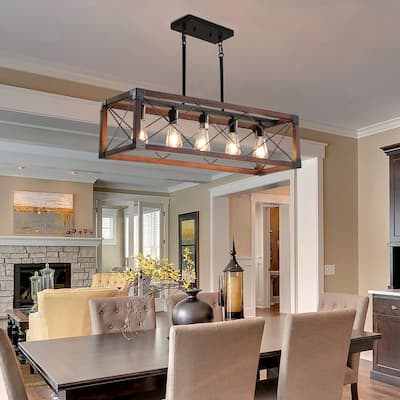 32-Inch Red Wood Industrial Farmhouse Rectangular Pendant Light – Five-Light Chandelier (No Bulbs) - 32"