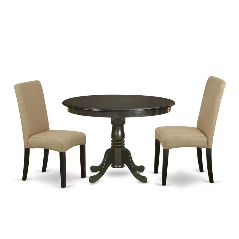 Round Dining Table Set 3pc - 42" Table & 2 Parson Chairs - Cappuccino Finish - Linen Fabric - Home Dining Room