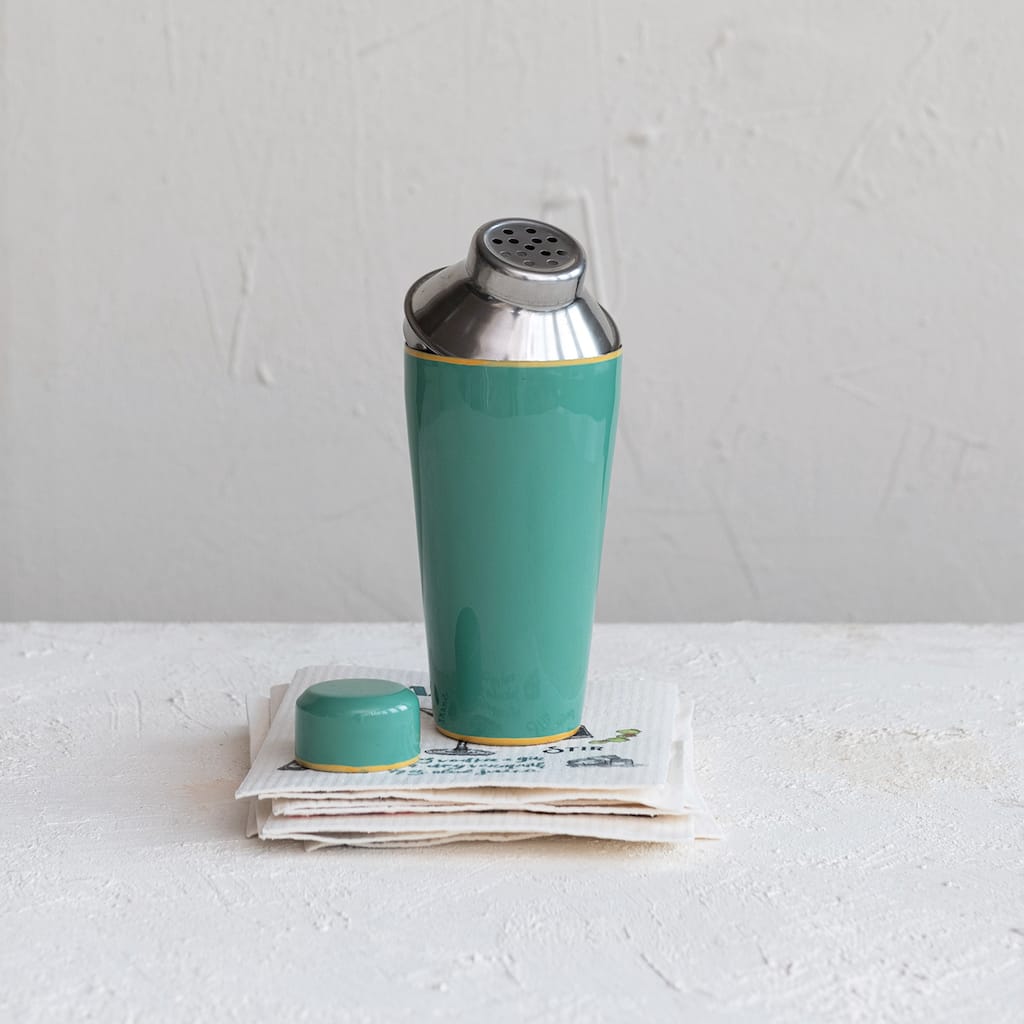 Enameled Stainless Steel Cocktail Shaker with Colored Edge - 3.5"L x 3.5"W x 9.0"H