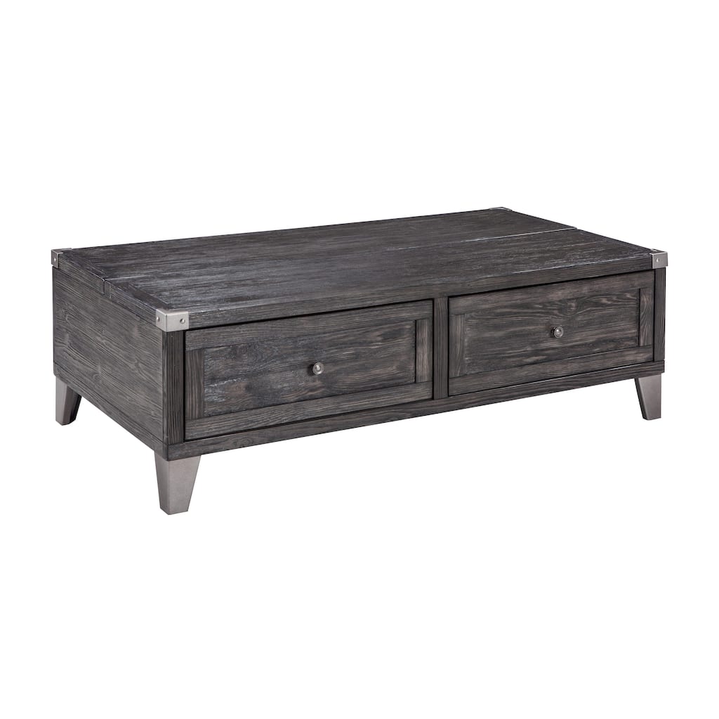Wooden Lift Top Cocktail Table with 2 Drawers and Metal Accents, Gray