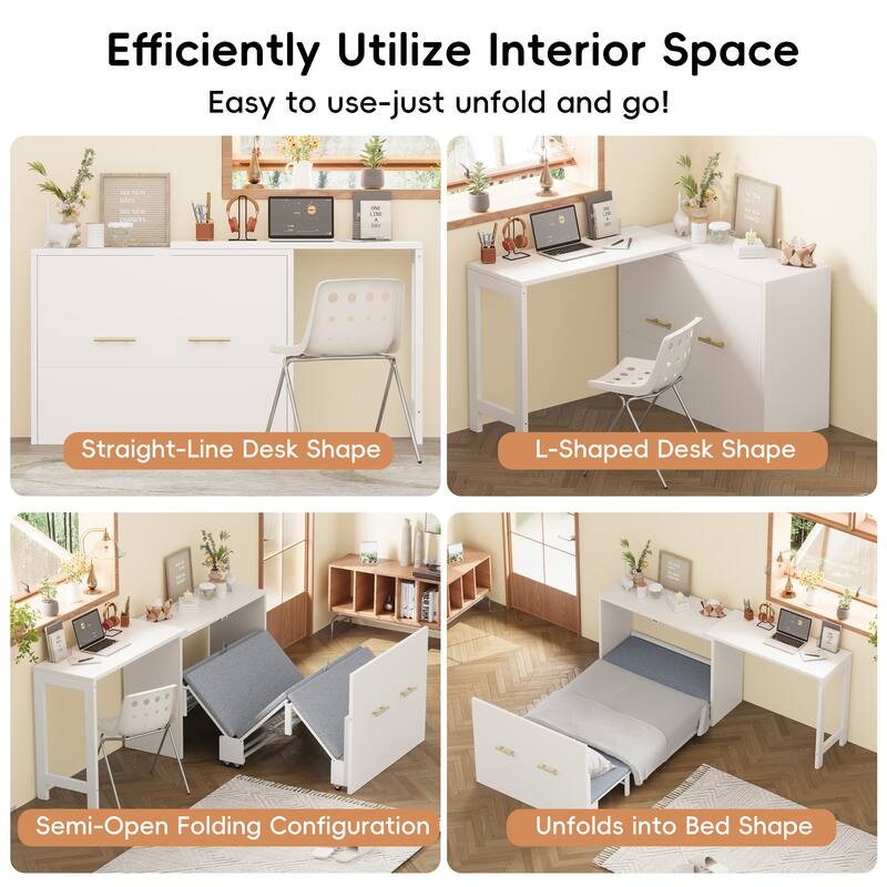 Roomfitters Twin Murphy Cabinet Bed with Adjustable Desk and Foldable Cushion, Space Saving Wall Bed for Guest Room, White