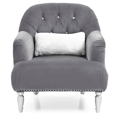 Tufted Upholstered Jeweled Velvet Accent Chair with Throw Pillow - 37" - Gray