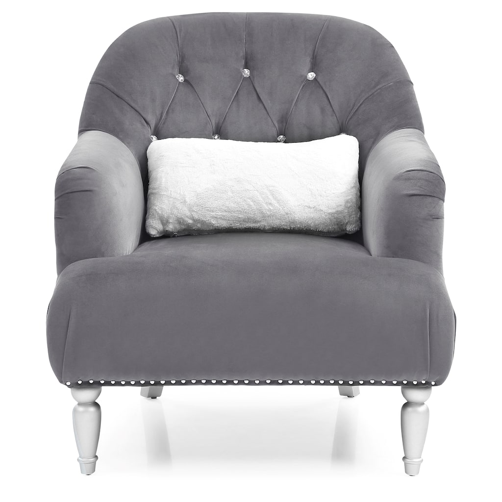 Tufted Upholstered Jeweled Velvet Accent Chair with Throw Pillow - 37" - Gray