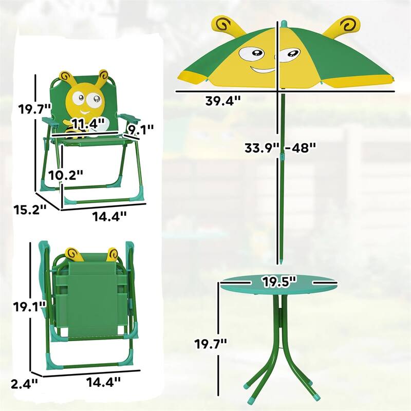 Kids Outdoor Picnic Table and Chair Set with Adjustable Umbrella Lion Pattern Foldable Table and Chairs for Ages 2-5