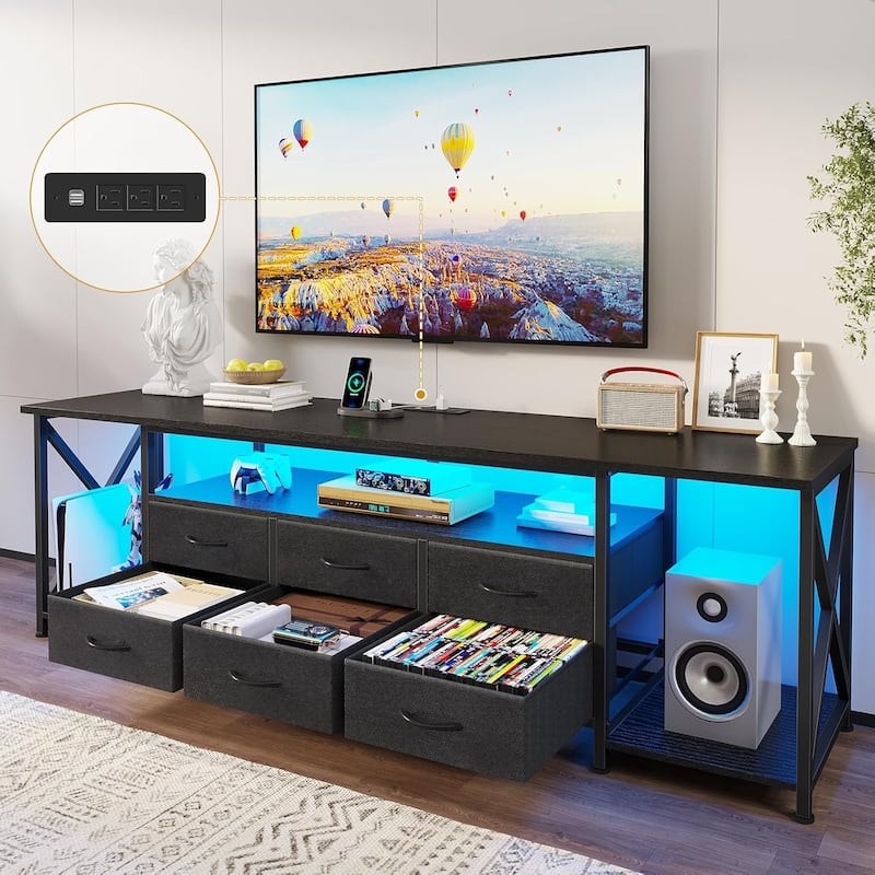 TV Stand with LED Lights Power Outlets Dresser Fabric Drawers Entertainment Center - Black - 	‎63"