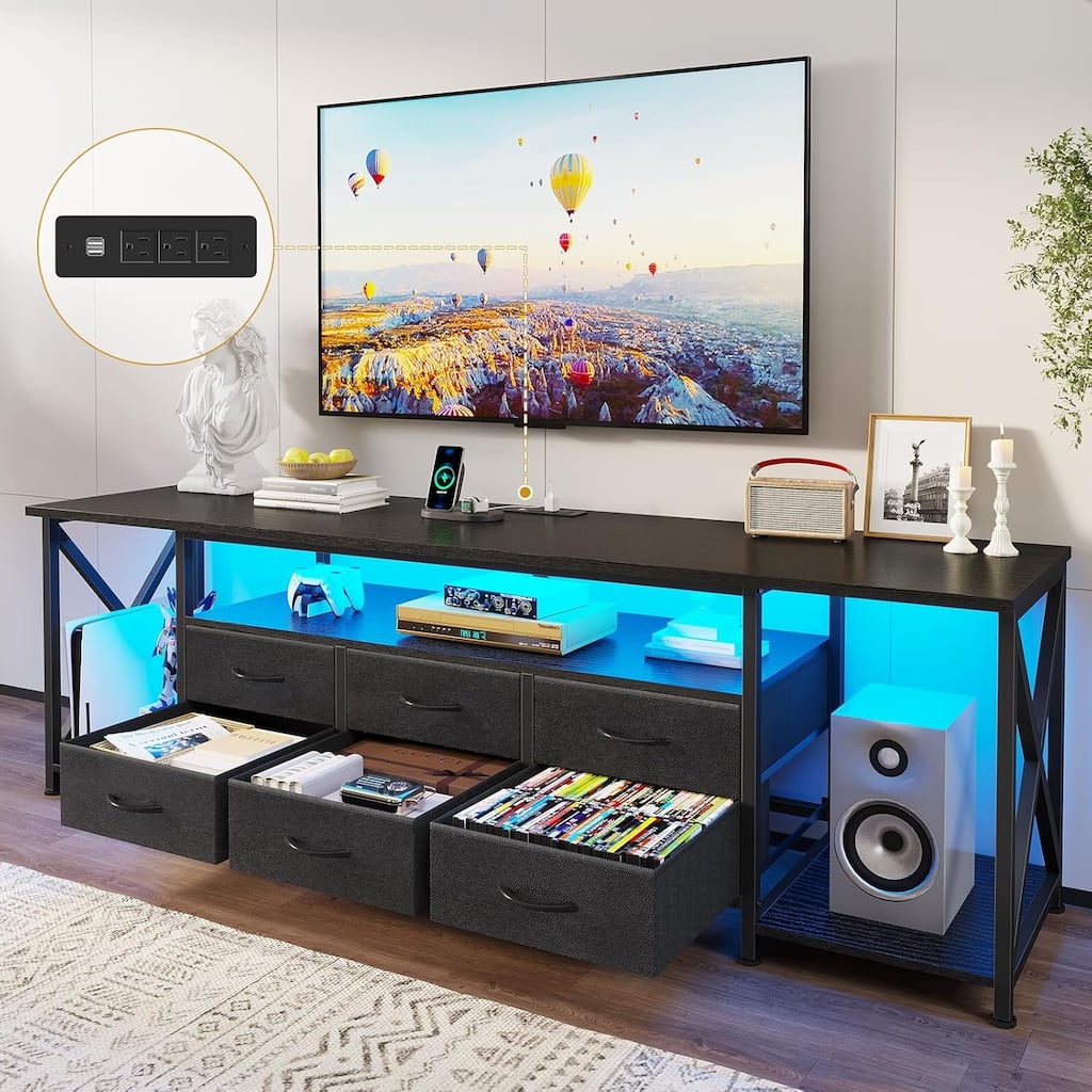 TV Stand with LED Lights Power Outlets Dresser Fabric Drawers Entertainment Center